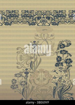 Elegant art nouveau floral design beige and blue textile print Stock Vector