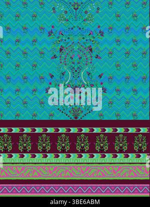Vibrant teal and maroon textile design with intricate floral and geometric patterns Stock Vector