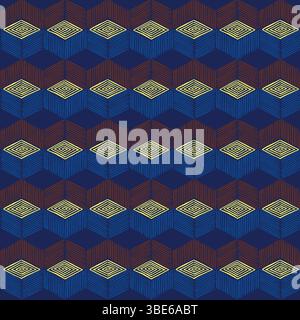 Abstract geometric textile design with interlocking cubes in blue maroon and yellow Stock Vector
