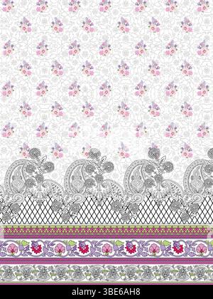 Elegant white fabric design with delicate floral pattern and intricate paisley border Stock Vector