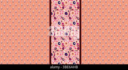 Peach and purple floral textile design with vertical border pattern Stock Vector