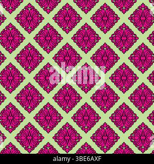 Repeating geometric pattern with pink floral diamond motifs on a light green background Stock Vector