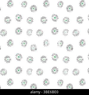 Seamless watercolor pattern of small green and gray sunburst flowers on white background Stock Vector