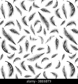 Seamless pattern of scattered black and white feathers on white background Stock Vector