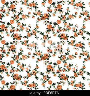 Peach and green floral pattern on white background seamless repeat textile design Stock Vector