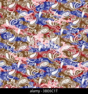 Abstract paisley camo print fabric design in red brown blue and pink Stock Vector