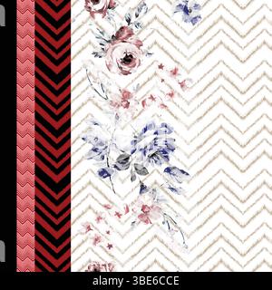 Elegant watercolor floral design on chevron background with red and black accents Stock Vector
