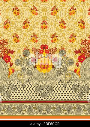 Elegant floral and paisley textile design with ornate border Stock Vector