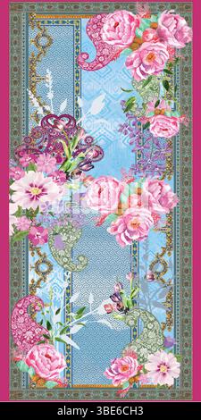 Elegant floral textile design with pastel roses and paisley motifs on a light blue background Stock Vector