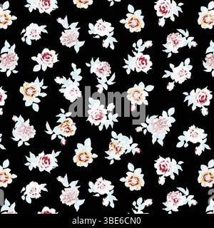Delicate pink and white roses on black background seamless pattern design Stock Vector