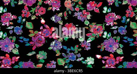 Vibrant watercolor floral pattern on black background a seamless textile design Stock Vector
