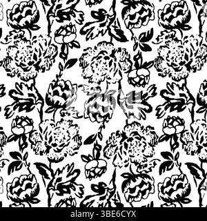 Black and white floral textile design seamless pattern peonies Stock Vector