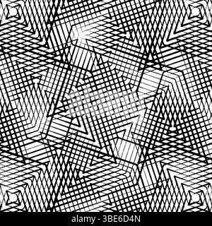 Abstract black and white geometric pattern with intersecting lines and starburst design Stock Vector