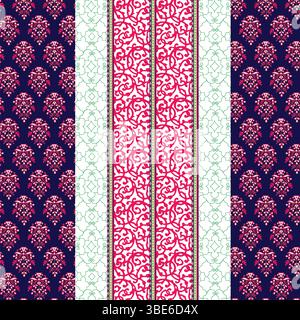 Vibrant pink and navy blue damask textile design with vertical stripes and floral motifs Stock Vector