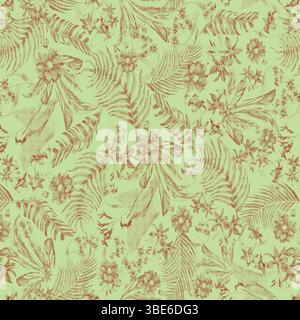 Rustic brown and pale green floral tropical leaf pattern seamless repeat design Stock Vector