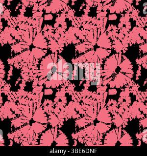 Abstract coral pink and black floral pattern seamless repeat textile design Stock Vector