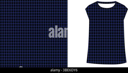 Navy blue houndstooth print sleeveless womens t shirt design technical flat sketch Stock Vector