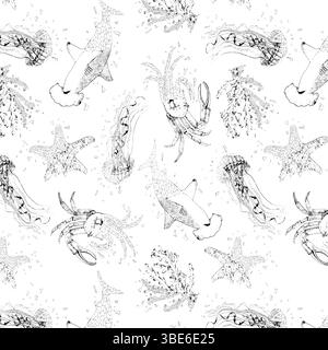 Sea life music notes seamless pattern elegant watercolor hammerhead sharks jellyfish starfish and crabs Stock Vector
