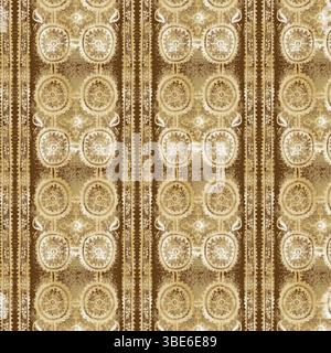 Elegant beige and brown geometric textile pattern with repeating circular motifs and vertical stripes Stock Vector