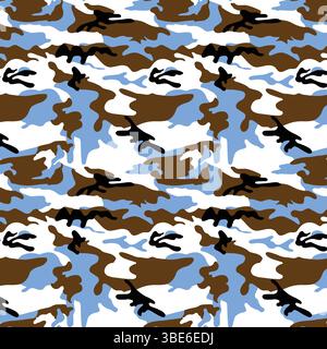 Abstract winter camouflage pattern seamless repeat design in brown white and light blue Stock Vector