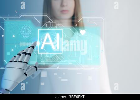 Robot hand and doctor using AI virtual screen against color background, closeup. Artificial intelligence in medicine Stock Photo