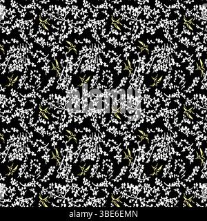 Elegant black background floral pattern with white blossoms and yellow birds Stock Vector