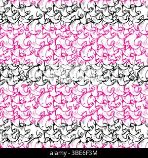 Seamless pattern of pink and black hand drawn abstract whale shapes Stock Vector