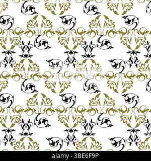 Elegant olive green and black damask pattern seamless repeat textile design Stock Vector