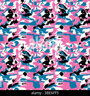 Abstract pink blue black white camouflage pattern seamless repeat textile print design Stock Vector