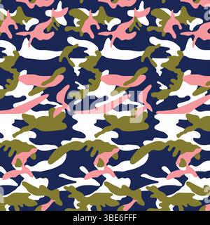 Abstract camouflage pattern in navy pink white and olive green Stock Vector
