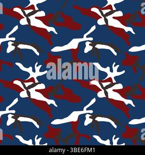 Seamless navy blue red and white camouflage pattern design for fabric printing Stock Vector