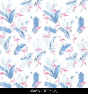 Pastel pink flamingo and blue palm leaf watercolor seamless pattern Stock Vector