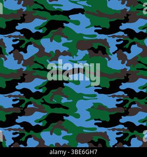 Abstract blue green black camouflage pattern seamless repeat texture Stock Vector