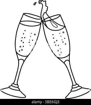 Two clinking Champagne glasses with splash in doodle style. Vector minimalistic illustration isolated on a background. For New Year or Wedding design. Stock Vector