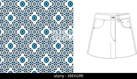 Azores inspired denim mini skirt design featuring a geometric floral print Stock Vector
