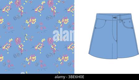 Floral print denim mini skirt design fashion flat sketch and fabric pattern Stock Vector