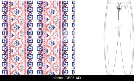 Women s drawstring lounge pants design featuring a red and blue ethnic pattern Stock Vector