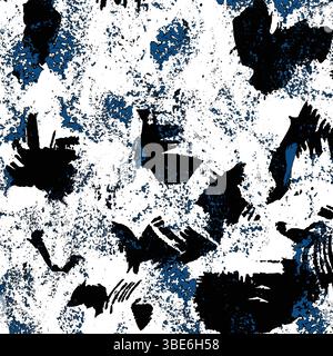 Abstract seamless pattern with black and blue ink splatter on white background Stock Vector