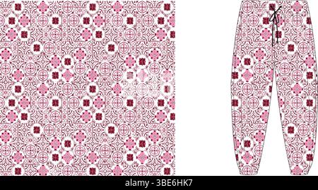 Pink and maroon damask patterned joggers design flat sketch Stock Vector