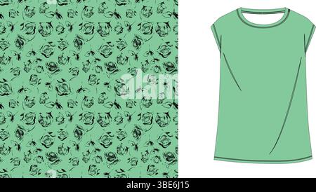 Seamless mint green fabric design with black rose print for womens casual t shirt Stock Vector