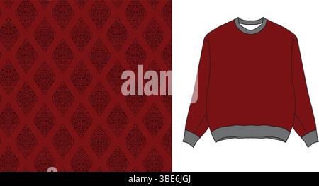 Burgundy crewneck sweatshirt design with intricate diamond pattern fabric Stock Vector