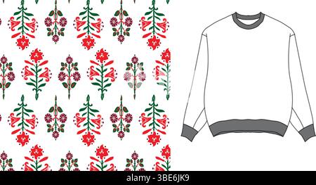 Floral folk art sweatshirt design featuring a repeating red and green pattern Stock Vector
