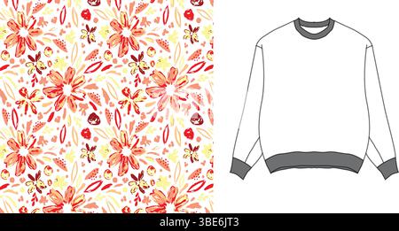 Floral sweatshirt design watercolor orange and yellow flower pattern on white crewneck Stock Vector