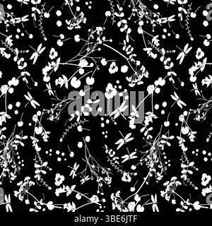 White floral and dragonfly pattern on black background seamless textile design Stock Vector