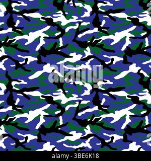 Abstract blue green white black camouflage pattern seamless repeat textile design Stock Vector