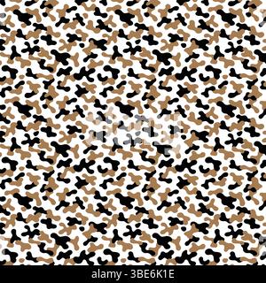 Abstract camouflage pattern in black brown and tan on white background seamless repeat texture Stock Vector