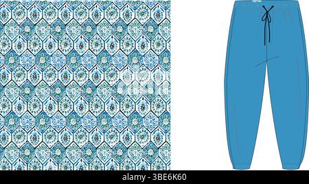 Blue and white geometric patterned sweatpants design featuring a repeating tile motif Stock Vector