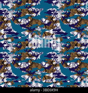 Abstract snakeskin camo teal blue brown purple fashion fabric print design Stock Vector