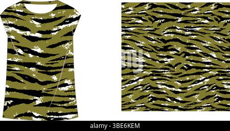 Olive green and black tiger stripe print dress design and fabric swatches Stock Vector