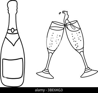Champagne Bottle and two clinking Glasses in doodle style. Vector black and white illustration isolated on a background. Line art. Stock Vector